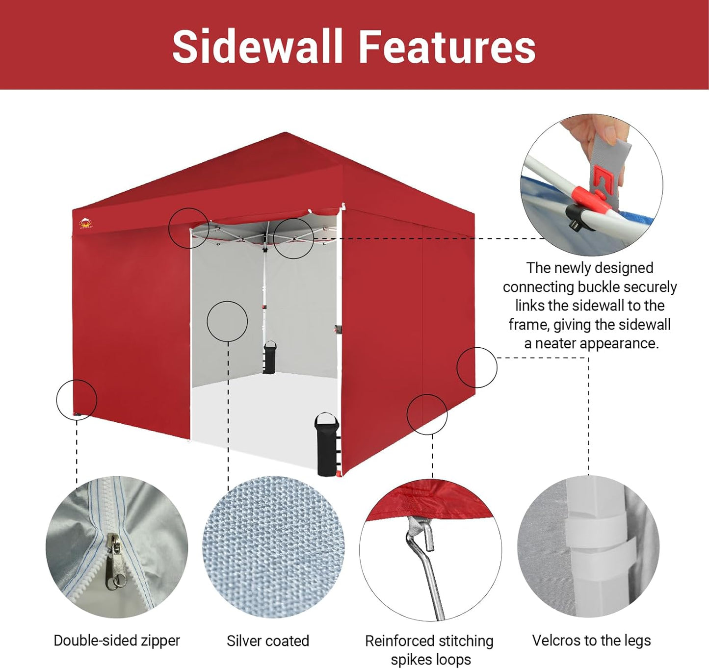CROWN SHADES 10X10 Comercial Instant Canopy Pop Up Tent with Center Lock (10x10 with 4 Sidewalls, Red)