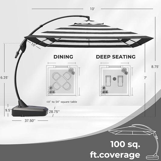 Grand patio 10x10 FT Cantilever Umbrella with Base Outdoor Large Aluminum Square Offset Umbrellas for Deck Pool (Black & White, 10x10 FT)