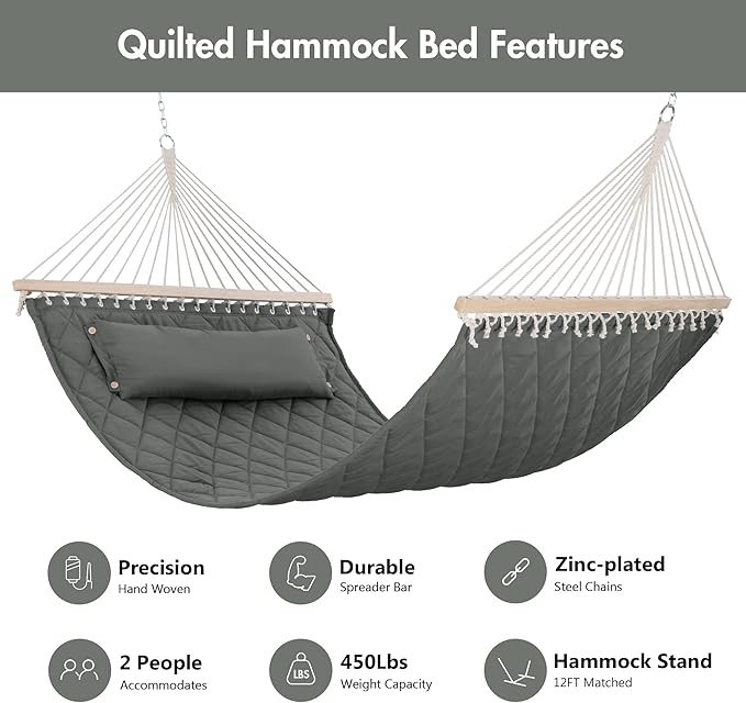 ANOW 2 Person Hammock with Spreader Bars and Detachable Pillow, Quilted Hammock for Outdoors Indoors, 450 LBS Weight Capacity, Gray