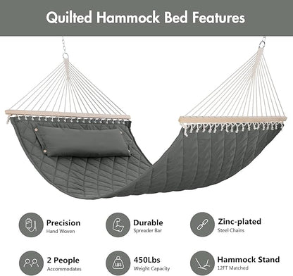 ANOW 2 Person Hammock with Spreader Bars and Detachable Pillow, Quilted Hammock for Outdoors Indoors, 450 LBS Weight Capacity, Gray