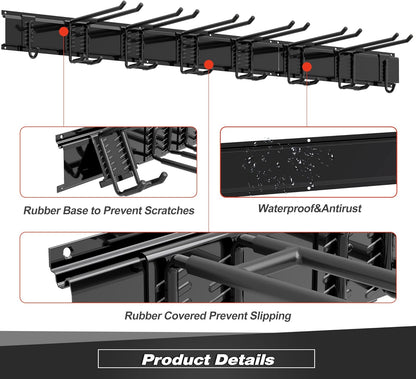 Storaboks Heavy Duty Garage Storage Rack System, Wall Mounted Tool Organizer with 8 Double Hooks, 3 Rails, Garden Yard Tools Hanger for Ski Gears, Broom, Rake, Shovel