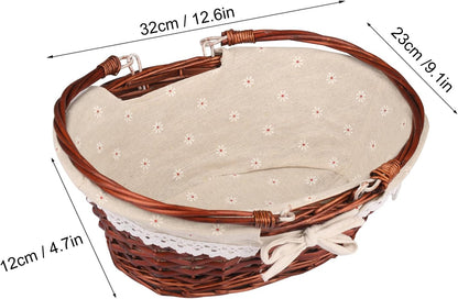 2 Pack Medium Size Wicker Basket with Handle, 12.6x9x4.7 in Wicker Picnic Basket with Liner, Empty Gift Basket, Oval Willow Woven Basket for Fruit, Candy, Wine, Gathering, Wedding, Picnic,by GNIEMCKIN