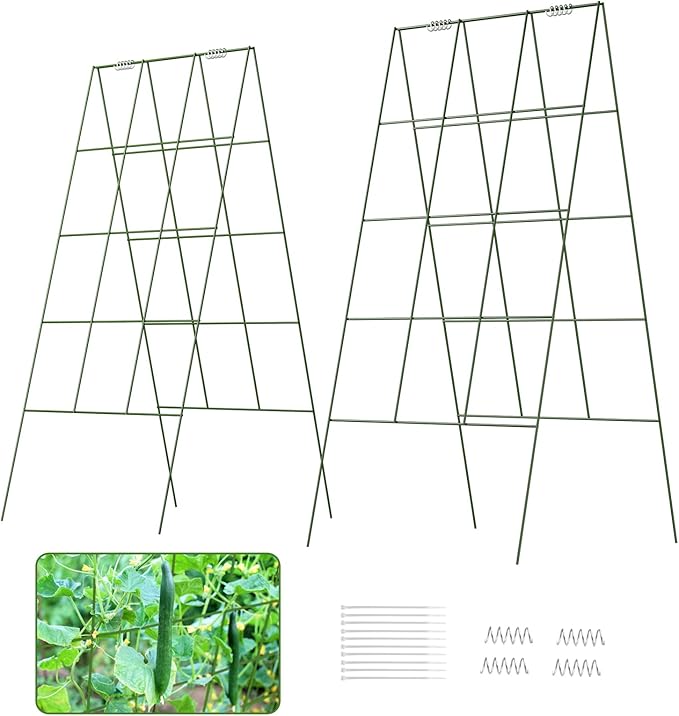 DOEWORKS Cucumber Trellis, 39" High Foldable A Frame Garden Trellis, 2 Pack, Plant Support for Climbing Cucumber, Beans, Tomatoes, Flowers, Green