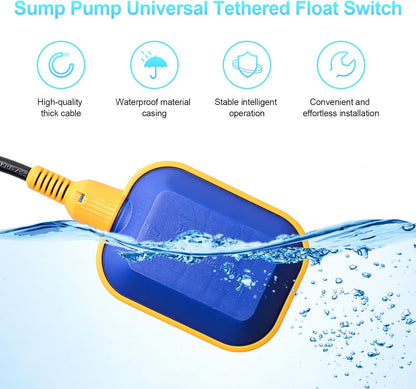 Sump Pump Universal Tethered Float Switch AC 15A 110~250V Piggyback Style Plug with 10 Feet Cord, Used in Sewage Pump, Water Tank, Septic Tank Pump, etc.
