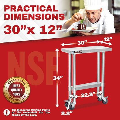 DuraSteel 30x12 NSF Stainless Steel Cart - Heavy Duty Rolling Food Prep Table with Undershelf - Metal Utility Cart for Commercial Restaurant Kitchen, Laundry, Side Mixer Stand