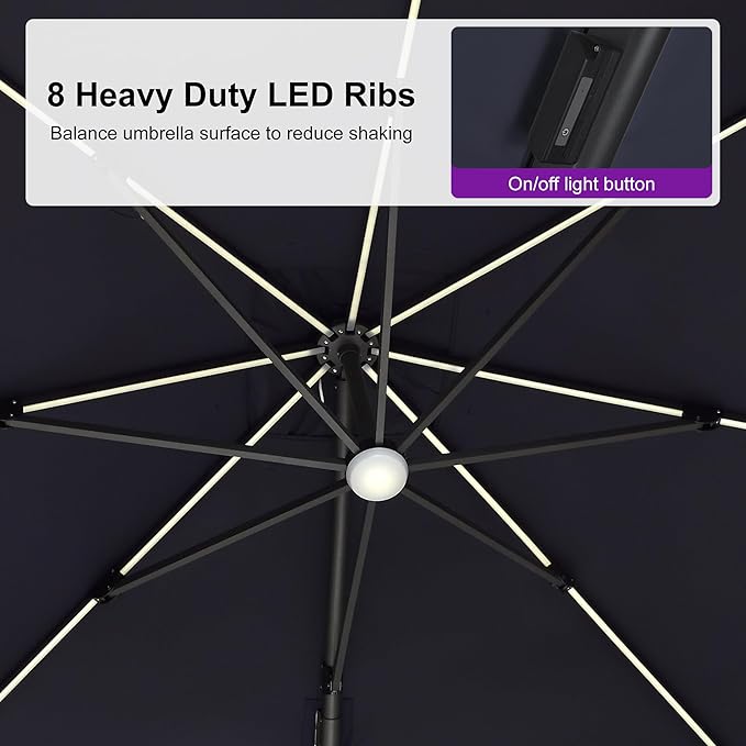 PURPLE LEAF 10 Feet Patio Umbrella Outdoor Cantilever Solar Powered LED Swivel Square Umbrella Aluminum Offset Umbrella with 360-degree Rotation for Garden Deck Pool Patio, Navy Blue