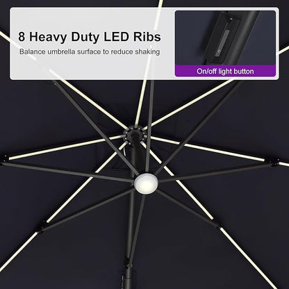 PURPLE LEAF 10 Feet Patio Umbrella Outdoor Cantilever Solar Powered LED Swivel Square Umbrella Aluminum Offset Umbrella with 360-degree Rotation for Garden Deck Pool Patio, Navy Blue