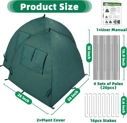 2 Packs Plant Cover Freeze Protection Blanket, 28''x28''x30'' Outdoor Garden Fabric Cover with Poles and Stakes for Winter Frost, Shade Cloth Plant Guard for Shrubs, Small Trees, Green