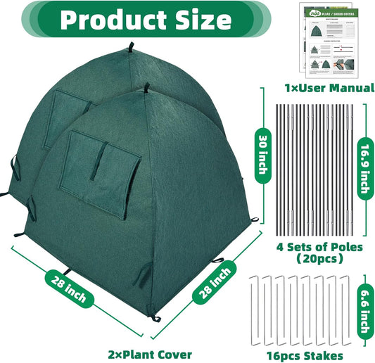 2 Packs Plant Cover Freeze Protection Blanket, 28''x28''x30'' Outdoor Garden Fabric Cover with Poles and Stakes for Winter Frost, Shade Cloth Plant Guard for Shrubs, Small Trees, Green