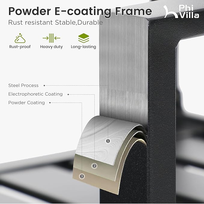 PHI VILLA 3 Piece Outdoor Bistro Set for 2, 22" Wrought Iron Square Table with Umbrella Hole & Stacking Metal Chairs, Small Furniture Conversation Set for Porch, Deck, Balcony, Patio, Yard - Black