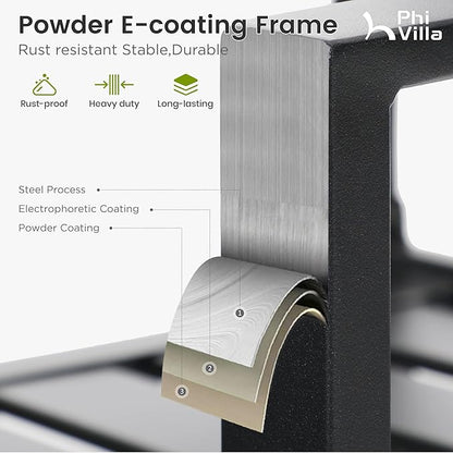 PHI VILLA 3 Piece Outdoor Bistro Set for 2, 22" Wrought Iron Square Table with Umbrella Hole & Stacking Metal Chairs, Small Furniture Conversation Set for Porch, Deck, Balcony, Patio, Yard - Black