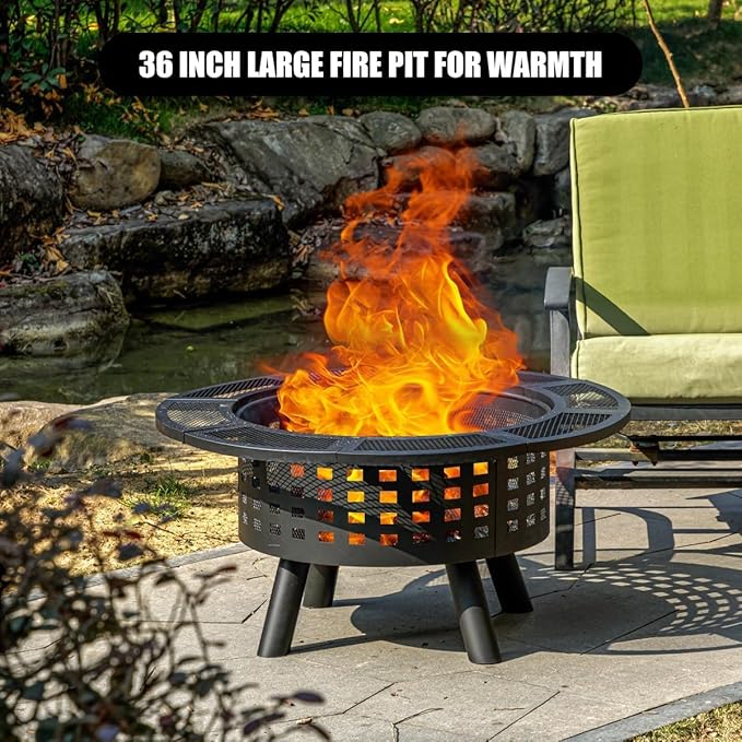 36 inch Outdoor Fire Pit with Grill,Wood Burning Firepits for Outside with Lid & Fire Poker,Metal 3-in-1 Fire Pit Table with Cooking Grate,Outdoor Fireplaces for Bonfire,Yard,BBQ（Jet Black）