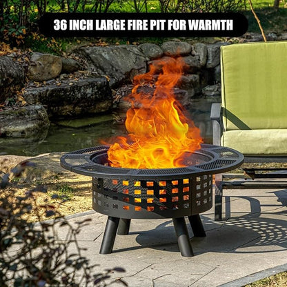 36 inch Outdoor Fire Pit with Grill,Wood Burning Firepits for Outside with Lid & Fire Poker,Metal 3-in-1 Fire Pit Table with Cooking Grate,Outdoor Fireplaces for Bonfire,Yard,BBQ（Jet Black）