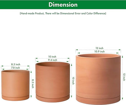D'vine Dev Terracotta Pots for Plants, 8.3 Inch 10 Inch 12 Inch, Round Cylinder Planter Pot with Drainage and Saucer, 40-T-D-0