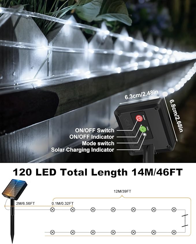 btfarm 2 Pack Solar Rope Lights Outdoor, 120LED 46FT Solar String Lights Outside Waterproof, 8 Lighting Modes Tree Tube Fairy Light Solar Powered for Garden Christmas Yard Party Decoration, Cool White