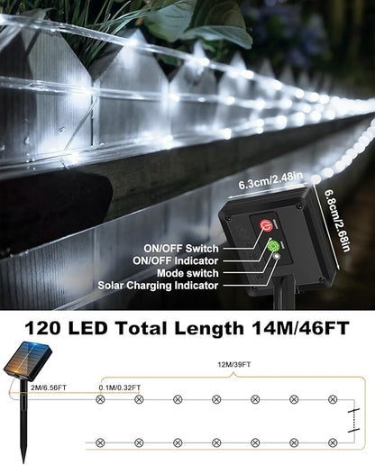 btfarm 2 Pack Solar Rope Lights Outdoor, 120LED 46FT Solar String Lights Outside Waterproof, 8 Lighting Modes Tree Tube Fairy Light Solar Powered for Garden Christmas Yard Party Decoration, Cool White