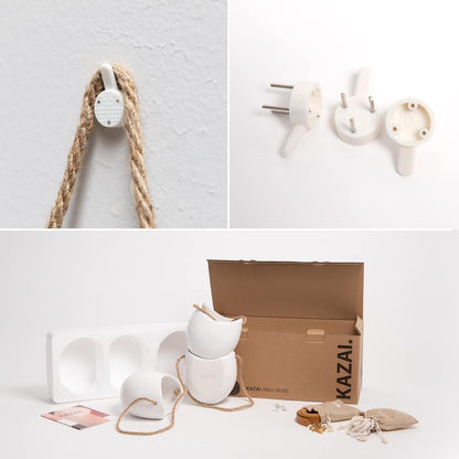 Kazai. Wall Planters -Ellie- | Hanging Ceramic Plant Pots 3 Pieces | Wall Decoration for Indoors, Balcony and Garden | White (Glossy)