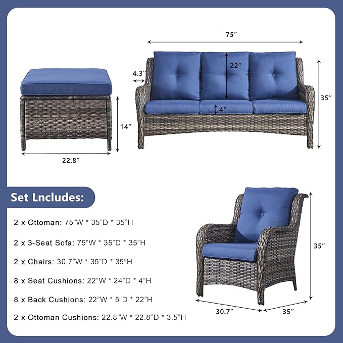 Rilyson Wicker Patio Furniture Set - 6 Piece Rattan Outdoor Sectional Conversation Sets with 2 Sofa,2 Armrest Chairs and 2 Ottomans for Porch Deck Garden(Mixed Grey/Blue)