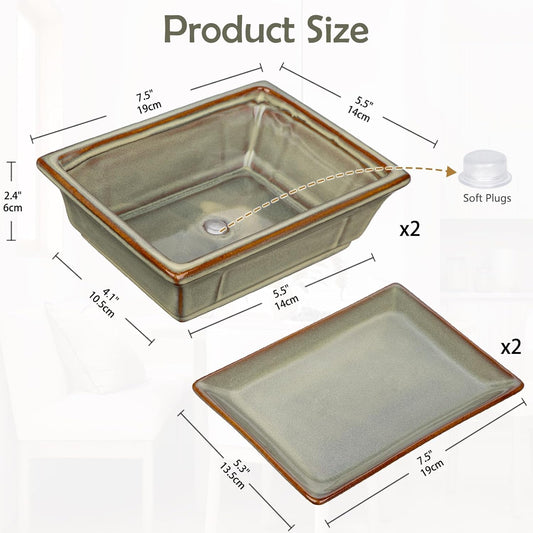 Ceramic Bonsai Pots with Drainage Tray, Set of 2 Rectangular Glazed Bonsai Planters for Indoor/Outdoor Use, Shallow Brown Bonzai Tree Pots for Succulent, Orchids, Cacti, Home, Patio, Garden, 7.5"x5.5"