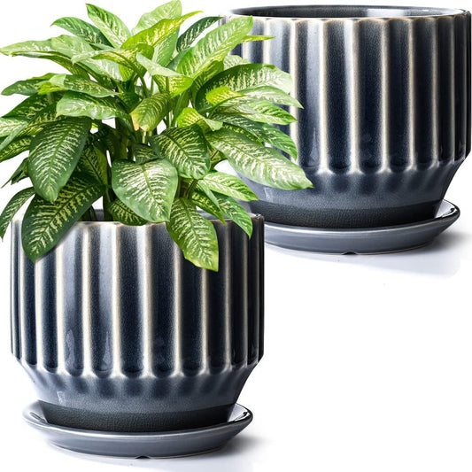 AISBUGUR Plant Pots 6 inch Ceramic Pots for Indoor Plants Set of 2 Flower Pots Unique Crackle Glaze Design Plant Pots with Drainage Hole and Saucer Come with Drainage Nets (Grey)