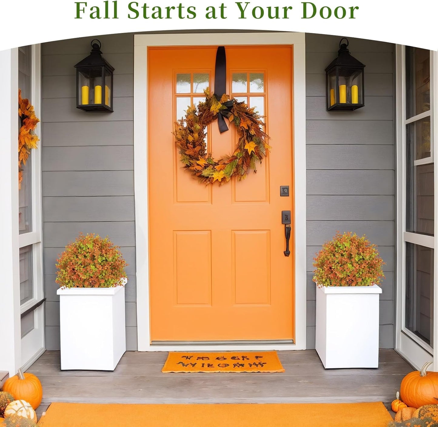 24" Fall Plants Artificial Boxwood Topiary Trees, UV Resistant Faux Bushes with Ground Spike, Fake Shrubs for Outdoor Planters, Front Porch, Patio, Yard Decor Set of 2