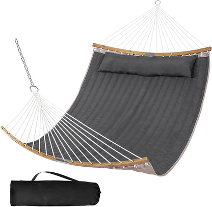 SUNCREAT Portable Double Hammock with Curved Spreader Bar, 450 lbs Capacity, Heavy Duty Outdoor Hammock with Outer Bag, Dark Gray