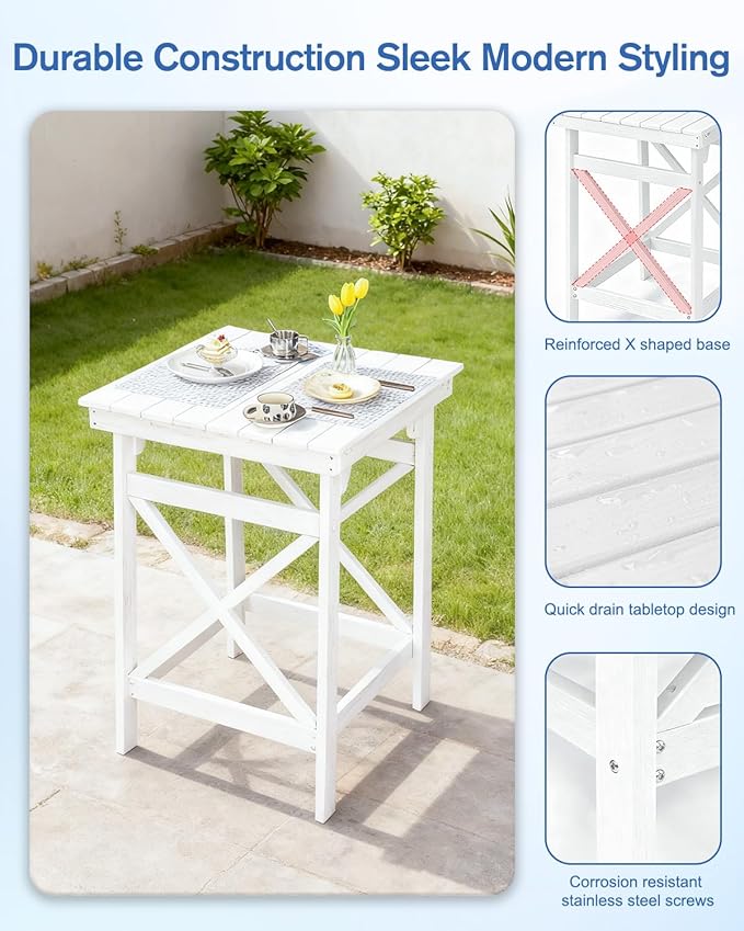 QUASCO 3-Piece Outdoor Adirondack Chairs and Table Sets, HDPE Adirondack Bar Height Chairs Set of 2 and Bar Table, All Weather Outdoor Bar Stools Set for Bistro, Balcony, Poolside, White