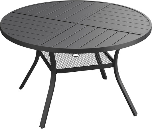 DIFY 47.2" Round Outdoor Patio Dining Table for 6, All-Weather Metal Steel Slatted Patio Table with 1.57" Adjustable Umbrella Hole, for Lawn Garden Porch Backyard, Black
