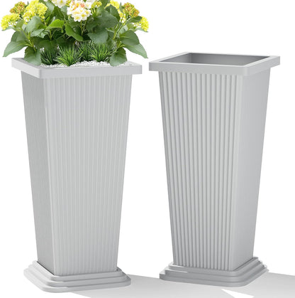 Set of 2 Large Tall Planter for Indoor or Outdoor 24" Flower Pots Tapered Tall Planters with Tray for Porch, Patio, Backyard, Large Planters for Outdoor Indoor Plants(White,Striped)