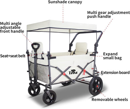 TMZ Collapsible Foldable Wagon Cart with Quick-Release Wheels and 2 Seats, Heavy Duty Wagon 265LBS Load Capacity for Camping Garden Shopping (Beige)