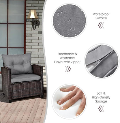 KOTEK 3 Piece Patio Furniture Set, Outdoor Conversation Set with Washable Cushions & Tempered Glass Tabletop, PE Rattan Wicker Bistro Set for Porch, Garden, Balcony (Grey)