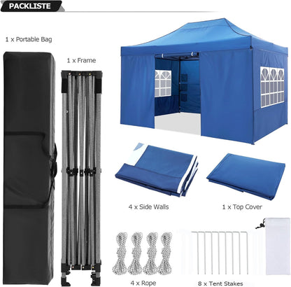 COBIZI 10x15 Pop up Canopy Heavy Duty with 4 Sidewalls, Easy Set-up Commercial Outdoor Party Canopy, 100% Waterproof Wedding Gazebo, 3 Height Adjustable with Handbag, Blue