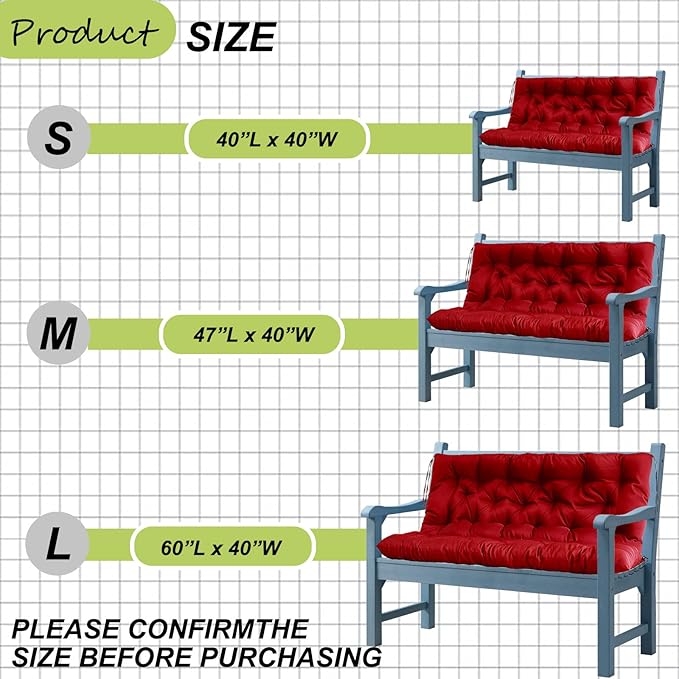 Swing Replacement Cushions with Backrest, 2 or 3 Seater Waterproof Non-Slip Overstuffed Swing Pad, Indoor/Outdoor Bench Cushion for Porch Chair Swings Garden Furniture(Red 40 * 40 in)