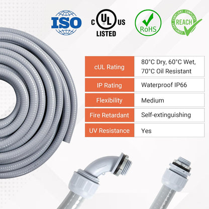 1/2" Liquid-Tight PVC Conduit Kit, 100ft with 10 Connectors, Grey, 5 Straight & 5 90-Degree Fittings, UL Certified, Flexible, Easy Installation, Multi-Application