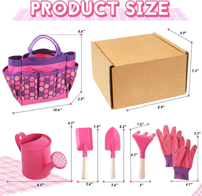 Kids Gardening Tools Set, Toddler Play Kit Child Outdoor Toy with Gloves, Watering Can, Metal Shovel, Rake, Spade & Storage Bag, Backyard Sand Digging Birthday for Boys Girls 3-5 (Pink)