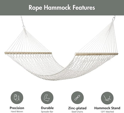 ANOW Outdoor Rope Hammock with Spreader Bars, Heavy Duty Hammock with Pad for Outdoors Indoors, 450 LBS Weight Capacity, Gray