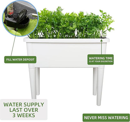 Dexceder 13.2 Gallon Self Watering Raised Garden Bed with Ventilation Transparent Lid Greenhouse, Deepen Vegetable Flower Box Planter Pot with Removeble Legs & Water Level Indicator (White)