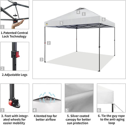 CROWN SHADES 10x10 Pop Up Canopy - Patented Center Lock One Push Instant Outdoor Canopy Beach Tent with STO-N-Go Bag 8 Stakes & 4 Sand Bags，White