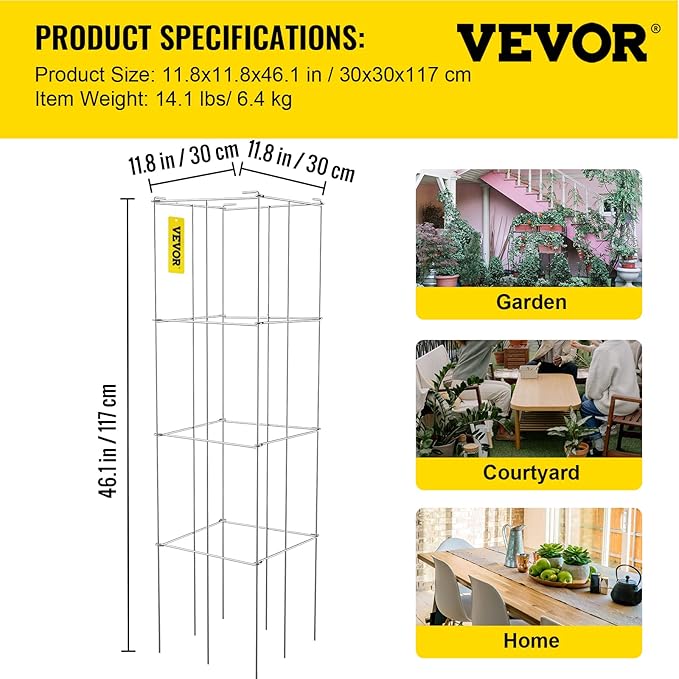 VEVOR Tomato Cages, 11.8" x 11.8" x 46.1", 5 Packs Square Plant Support Cages, Silver PVC-Coated Steel Tomato Towers for Climbing Vegetables, Plants, Flowers, Fruits