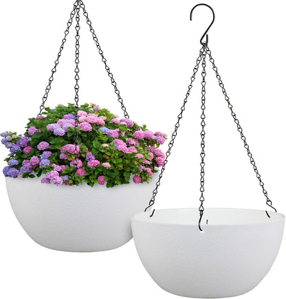 12 inch Large Hanging Planters for Indoor Outdoor Plants, 2 Pack Hanging Flower Pots with Drainage Holes and Chain for Garden Porch, Plastic Hanging Baskets for House Plants, White