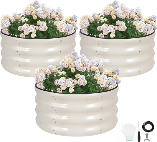 G GOOD GAIN Round Raised Garden Bed - 3Pcs 2x2x1ft Galvanized Steel Planter Boxes Outdoor with Rubber Edge Trim | Metal Raised Beds for Gardening Vegetables Flowers Fruits Herbs (White)