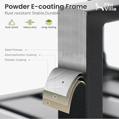 PHI VILLA 3 Piece Outdoor Bistro Set for 2, 22" Metal Steel Square Table with Umbrella Hole & Stacking Iron Chairs, Small Furniture Conversation Set for Porch, Deck, Balcony,Patio, Yard - Black