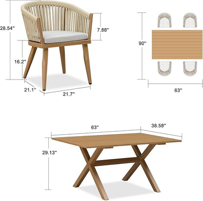 PURPLE LEAF 5 Pieces Outdoor Dining Set with Patio Aluminium Dining Table and Wicker Chairs Modern Furniture Cushions Sets for Backyard Indoor Decor Kitchen Teak