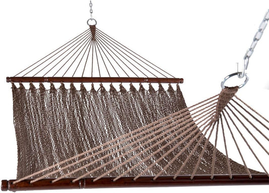Lazy Daze Hammocks 10.5 FT Double 2 Person Caribbean Rope Hammock, Hand Woven Polyester Hammock with Spreader Bars for Outdoor Backyard Patio Poolside, 450 LBS Capacity, Brown