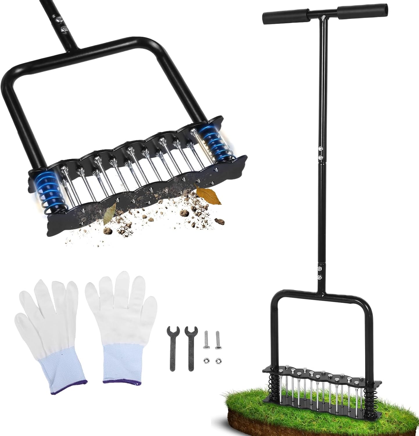 Lawn Aerator Tool,Manual Stainless Steel Spike Aerator Lawn Tool with Spring Base, Automatic Dirt and Leaf Clean Design, Adjustable T-Handle, Soil Loosening, Yard Aerating, Garden Tool Black