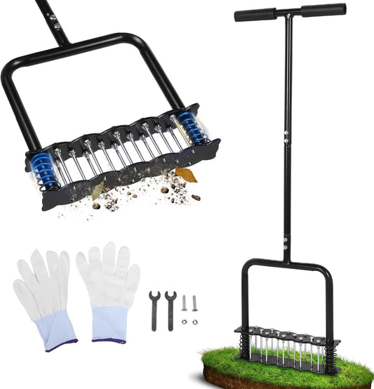Lawn Aerator Tool,Manual Stainless Steel Spike Aerator Lawn Tool with Spring Base, Automatic Dirt and Leaf Clean Design, Adjustable T-Handle, Soil Loosening, Yard Aerating, Garden Tool Black