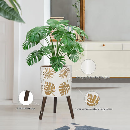 12 Inch Planter for Indoor Plant, Plant Pot with Stand Plants with Stand, Large Planters for Indoor Plants,Flower Pot with Drainage Holes for Outdoor,White and Gold