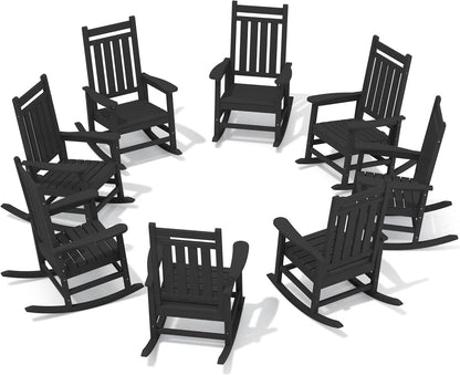 SERWALL HDPE Outdoor Rocking Chair Set of 8, Patio Rocking Chairs for Adults, All Weather Outdoor Rockers for Lawn, Black
