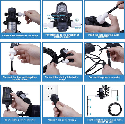 Fogland Pump Misting System: Outdoor Misting System 49ft Misting Cooling System with 16pcs 0.016" Orifice Thread Stainless Steel Misting Nozzle for Patio Garden Backyard
