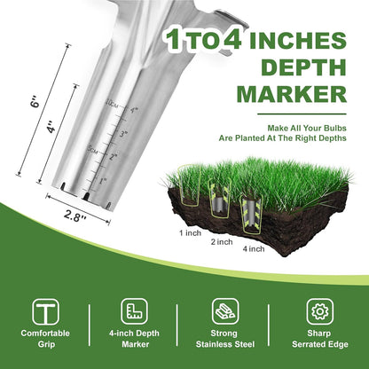 Long Handled Bulb Planter Tool, 37'' Bend-Proof Stainless Steel Bulb Planter, 4'' Depth Marks Long Handled Hole Digger, Bulb Planter with Comfortable T-Shaped Long Wood Handle for Planting Tulips